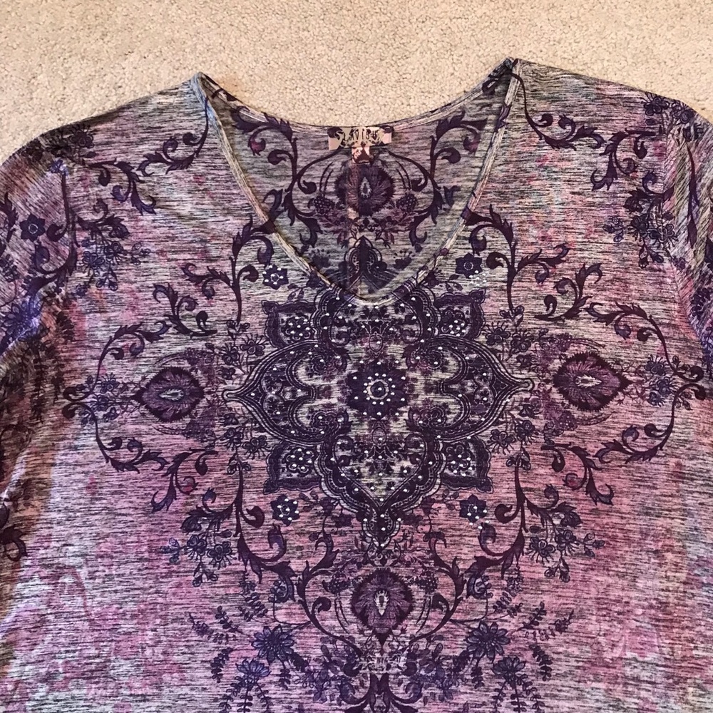 Lavish Tunic Top Womens 3X Fits Like 2X V Neck Purple Grey Touch of Bling Drape - Picture 2 of 9